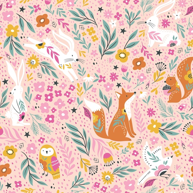 Forest animals with flower leaves childish seamless pattern vector design for fashion fabric wa