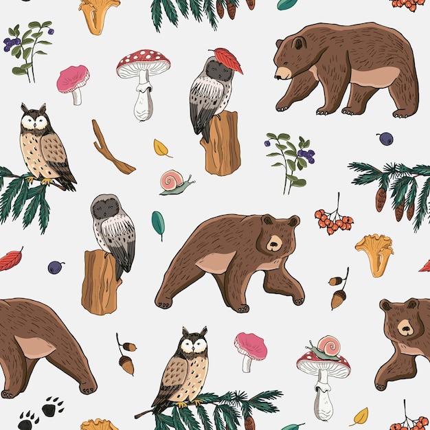 森の秋の動物クマとフクロウ モミの木の葉とキノコのシームレスなパターン ベクトル