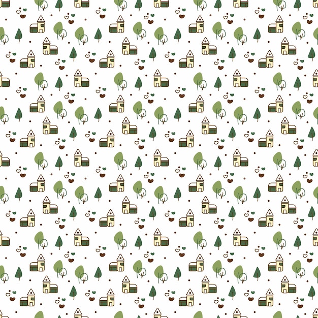 Forest and building pattern Seamless pattern with cute trees houses and hearts Doodle cartoon color vector illustration