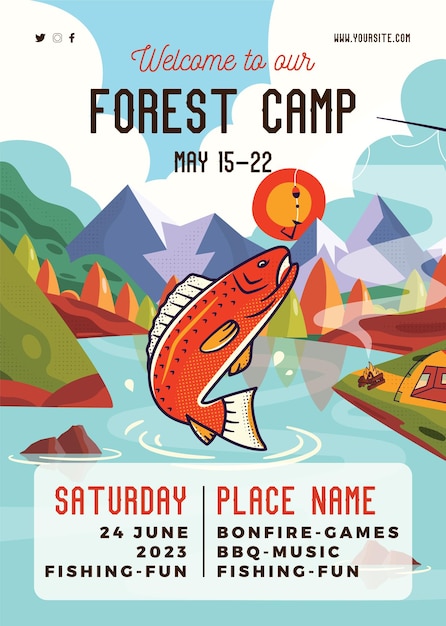 Forest Camp flyer sjabloon met bergen landschap en vissen Klassieke camping uitnodigingskaart ontwerp Voorraad vector posterafbeeldingen