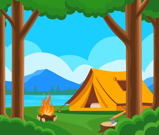 Forest camp poster with orange tent bonfire stump with axe campsite on green grass and mountains