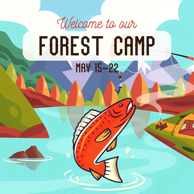 Forest camp modello di post sui social media con paesaggio di montagne e pesci design classico del biglietto d'invito per il campeggio grafica di poster vettoriali stock
