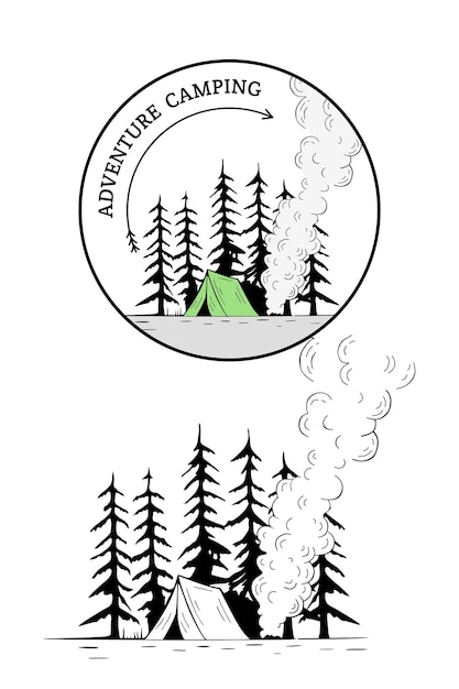 Forest camping logo emblem outdoor adventure leisure vector illustration pine tree silhouette