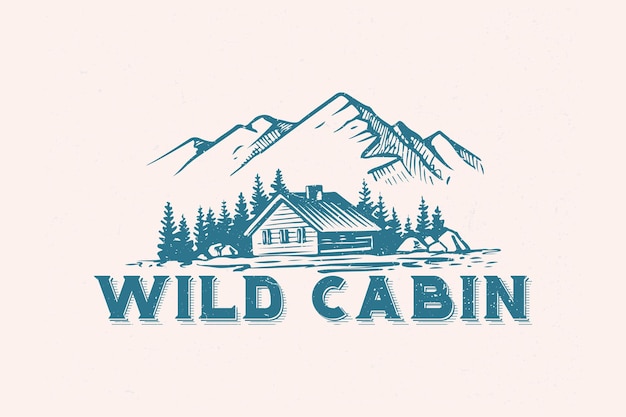 Foresta campeggio logo emblema vettoriale estate campeggio illustrazione montagne con cabina e alberi di pino