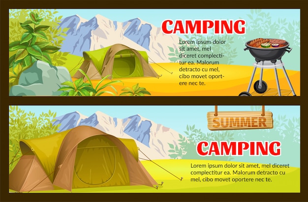 Forest camping with tourist tent banner template