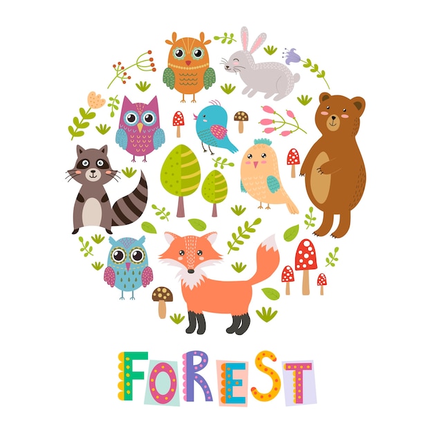 Forest circle shape background with cute fox, owls, bear, birds and raccoon.