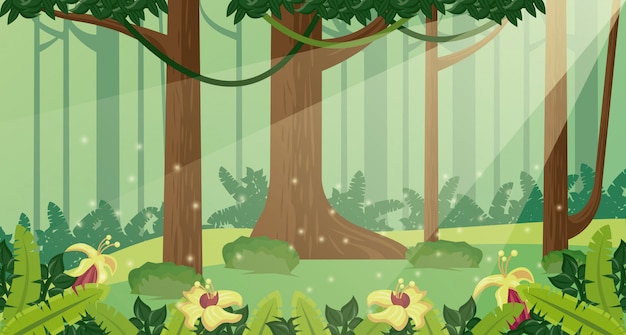 Vector forest day landscape scene with flowers