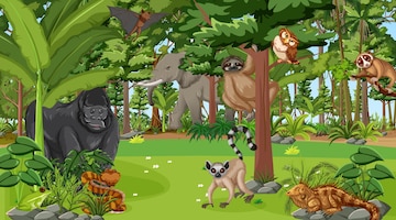 Premium Vector | Forest at daytime scene with many different wild animals Premium Vector | Forest at daytime scene with many different wild animals