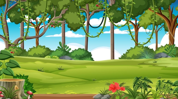 Vector forest at daytime scene with various forest plant and tree