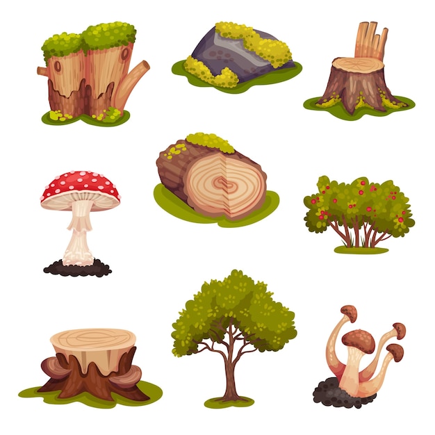 Vector forest elements with mossy stump mushrooms and trees vector set