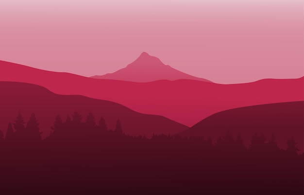 Vettore foresta di abeti sullo sfondo di alte montagne sfondo di colore magenta viva sfondo per il sito social network sfondi desktop cartoline
