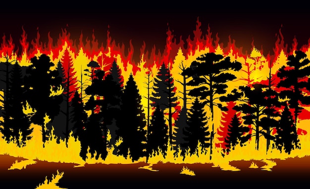 Vector forest fire burning trees and grass wildfire