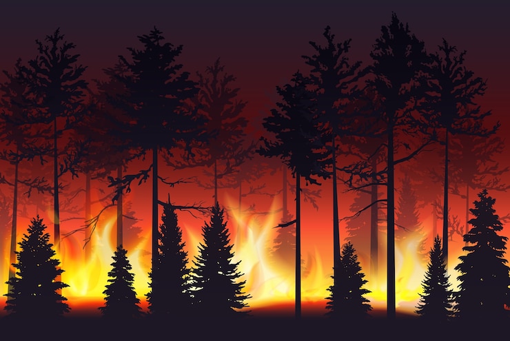 Vector forest fire realistic silhouette landscape
