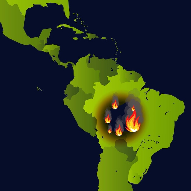 Incendio di striscione per incendi boschivi sul disastro della mappa nel giornale del sud america che brucia i fumi e