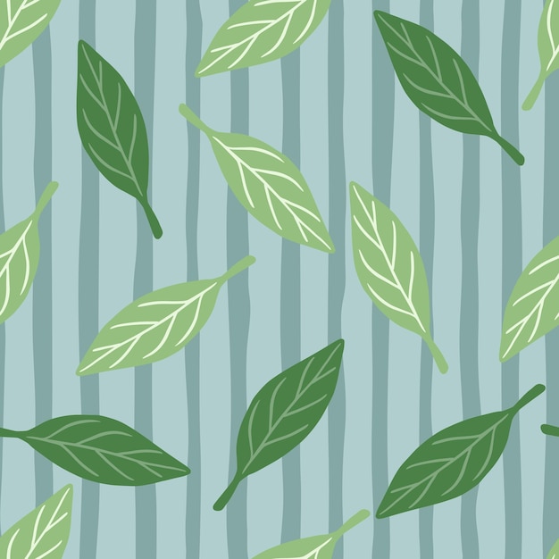 Vector forest foliage falling seamless pattern with green abstract leaf ornament. blue striped background. perfect for fabric design, textile print, wrapping, cover. vector illustration.