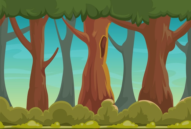 Vettore sfondo del gioco della foresta scena del paesaggio boschivo dei cartoni animati