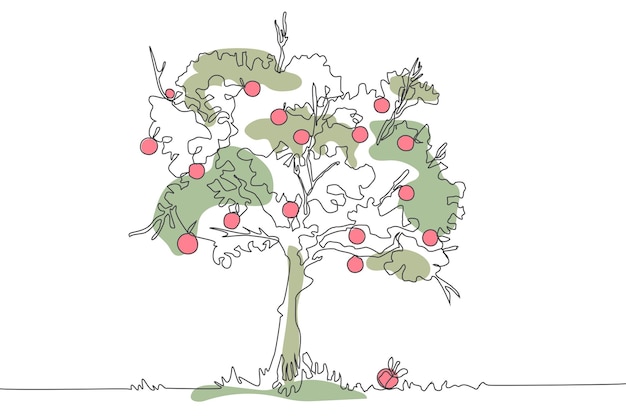 Vettore albero del giardino forestale icona disegnata a mano disegno a linea continua e silhouette piatta verde concetto grafico alla moda ecologico design a una linea singola contorno semplice immagine in bianco e nero vettore