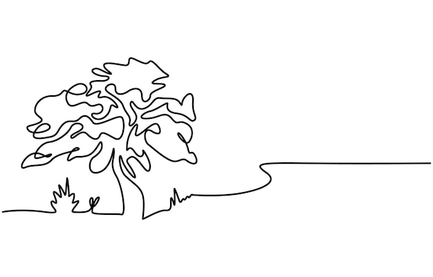 森の庭の木 手描きのアイコン 継続的な線画と緑の平らなシルエット