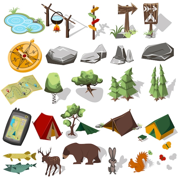 조경 디자인을위한 숲 하이킹 요소. 텐트와 캠프, 나무, 바위, 야생 동물.