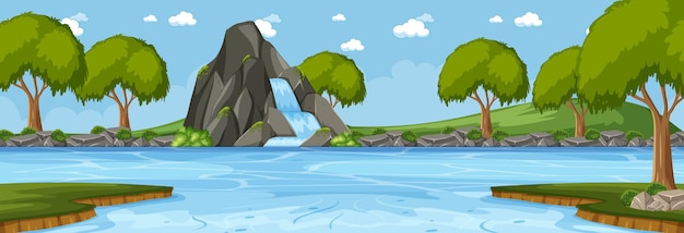 Vector forest horizontal scene at day time with waterfall