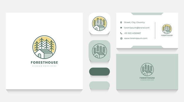 Vector forest house and sun logo template and business card