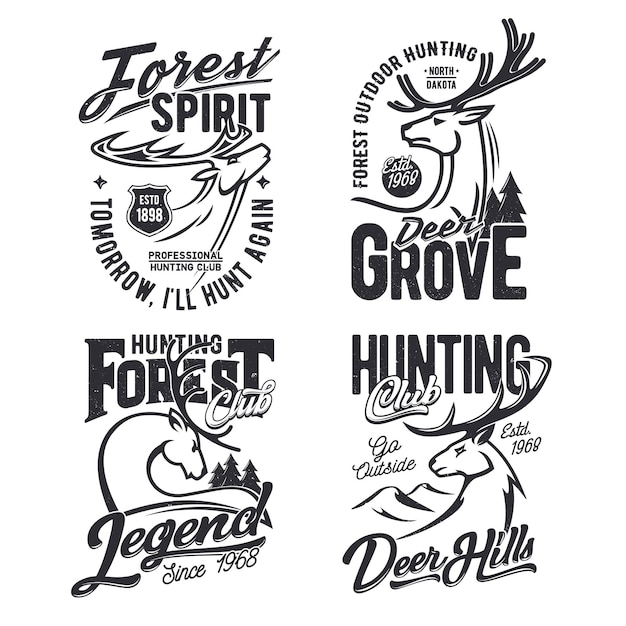 Stampa vettoriale di t-shirt club di caccia nella foresta con cervi