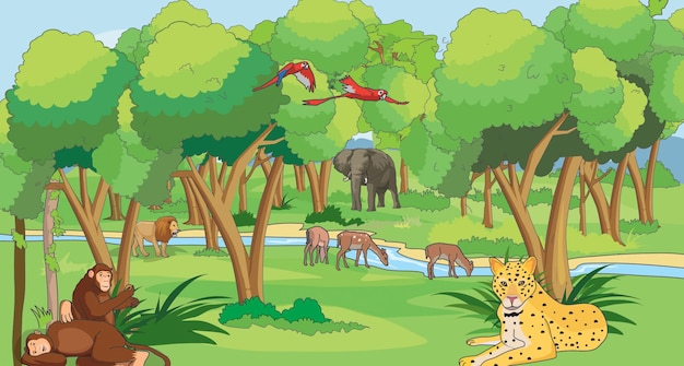 Vector forest illustration with birds and wild animals namely cheetah, lion, elephant, deer and chimpanzees