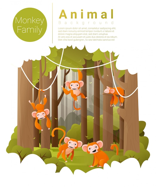 Vector forest landscape background with monkeys