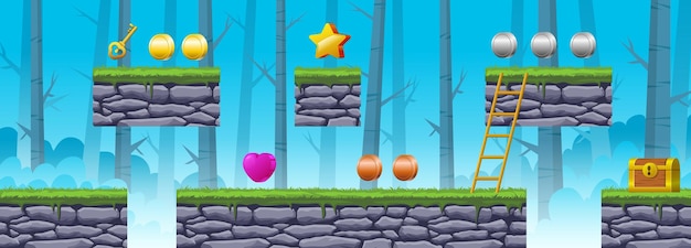 Forest Landscape Game Background With Platform And Game Asset