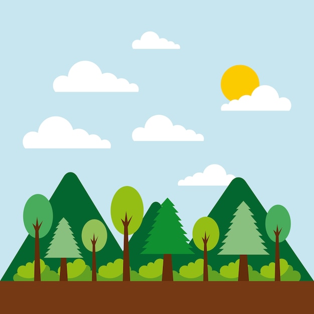 Vector forest landscape natural mountain tree cloud sun