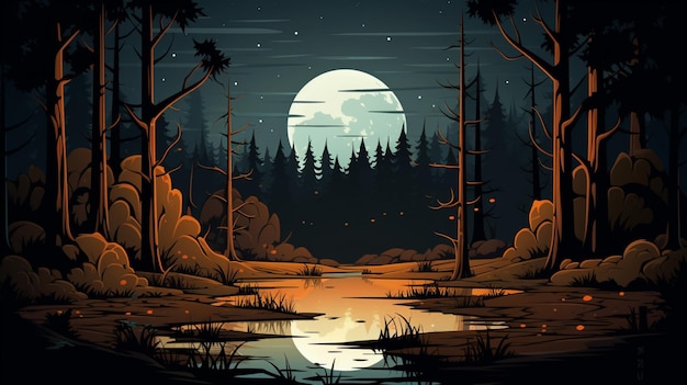 Vector a forest landscape with a full moon and trees