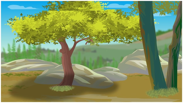 Vector forest landscape with trees rocks beautiful nature.