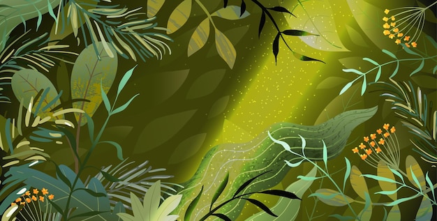 Vector forest leaves background with sun beam in trees