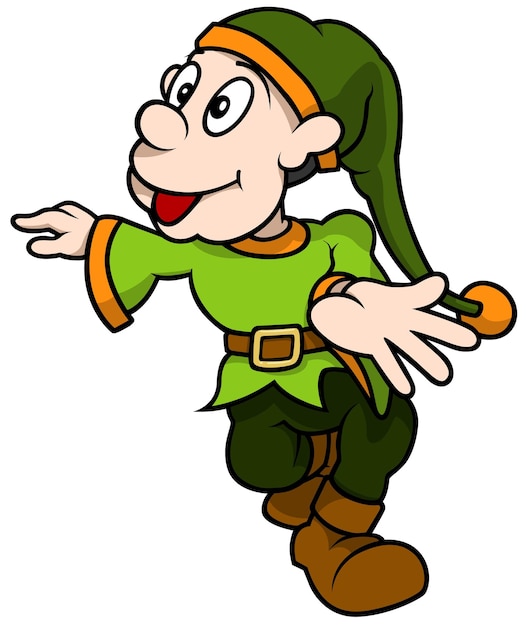 Forest leprechaun in green clothes with a long cap with an orange pompom