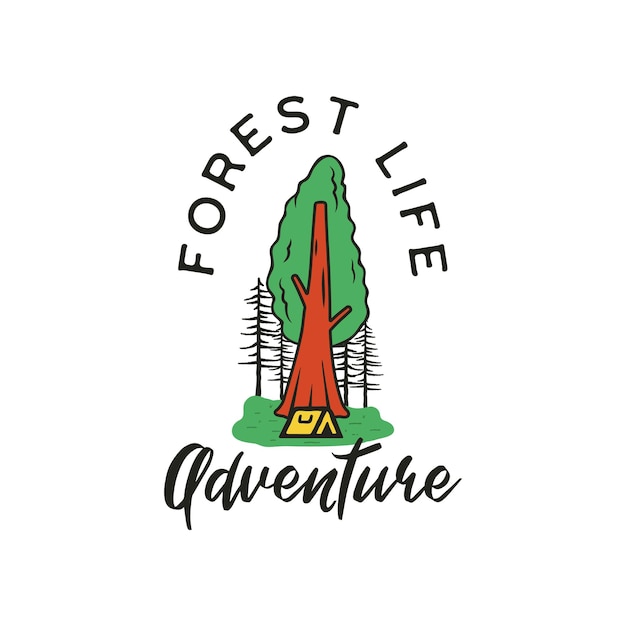 Logo dell'avventura della vita nella foresta, design dell'emblema del campeggio retrò con alberi e tenda. vettore