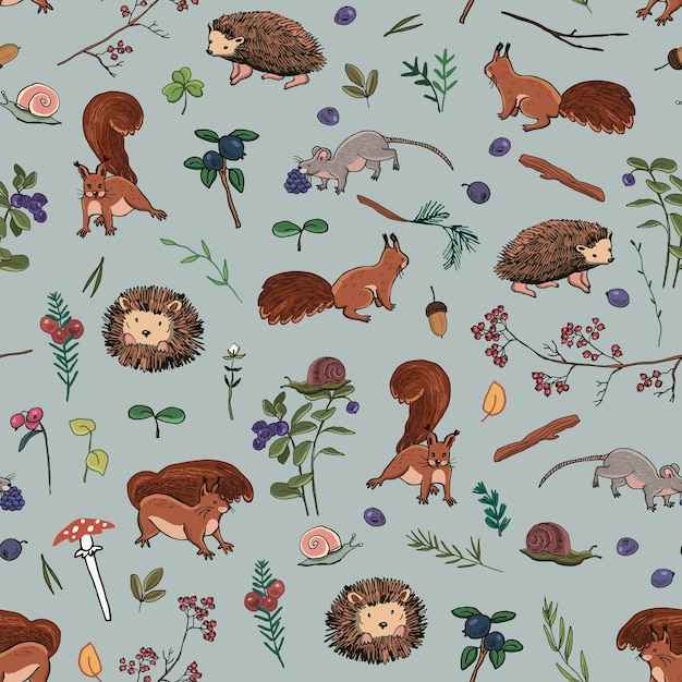 Vector forest little animals squirrel hedgehog mouse vector seamless pattern