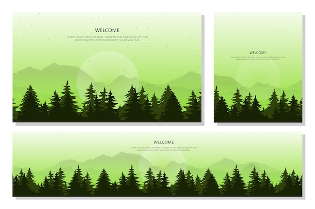 Vettore set di banner di foresta e paesaggio di montagna, uno stile di design piatto. illustrazione di sfondi