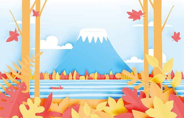 Vector the forest and mountain with beautiful landscape in autumn