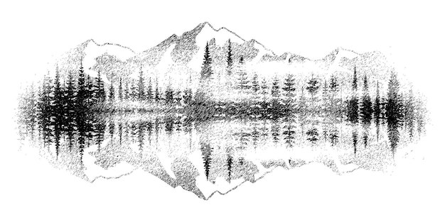 연필 드로잉의 호수 비네트 모방에 숲과 산이 반영됩니다.x9