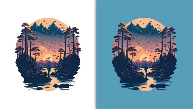 forest mountains sunset vector tshirt graphic design illustration