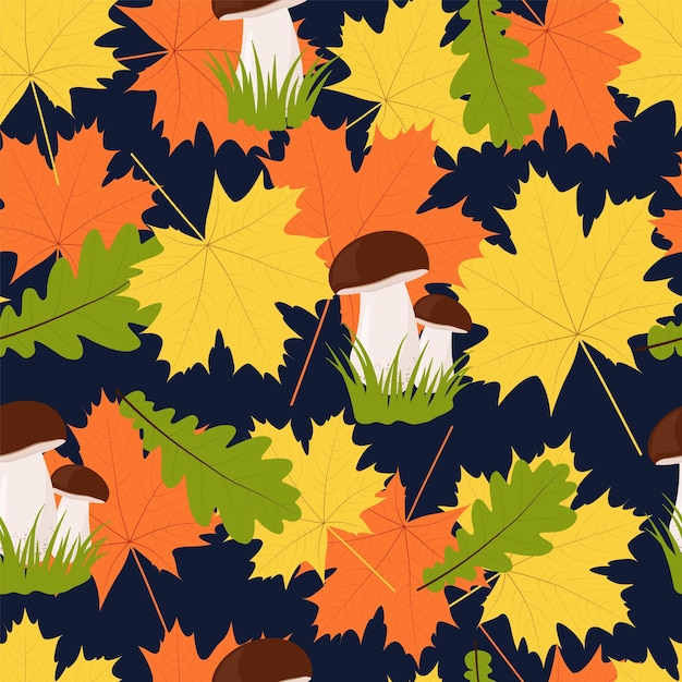 Forest mushrooms and autumn leaves vector seamless pattern