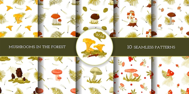 Vector forest mushrooms a set of 10 seamless patterns