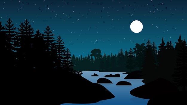 Illustrazione di notte della foresta con la luna piena e il fiume
