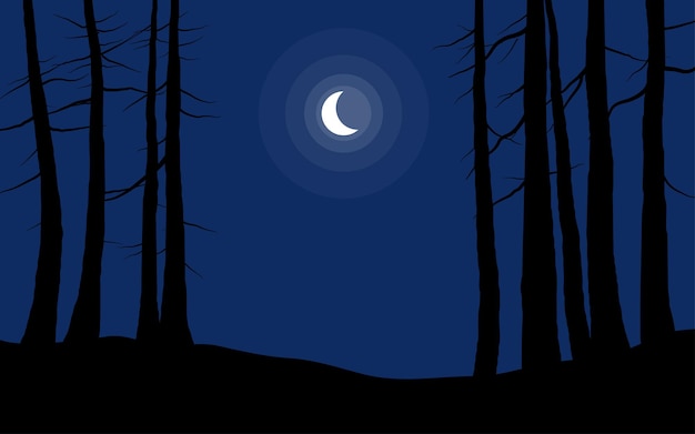 Paesaggio notturno della foresta con falce di luna
