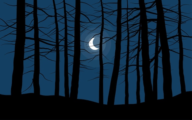 Paesaggio notturno della foresta con falce di luna