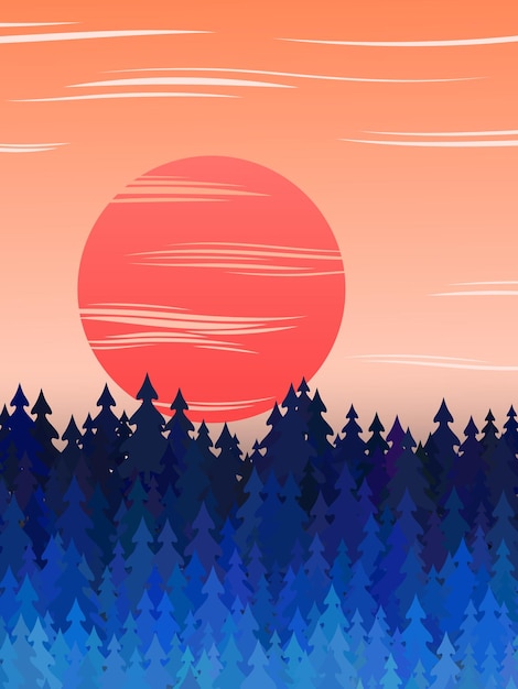 Панорама леса с векторной иллюстрацией заката и елей