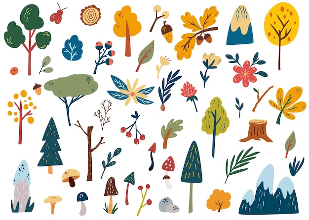Коллекция клипартов лесных растений Ручной обращается лесные деревья травы грибы цветы ветки ягоды листья хвойные и лиственные дикий ботанический набор векторные иллюстрации шаржа