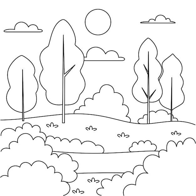 Vector forest and river landcape coloring page