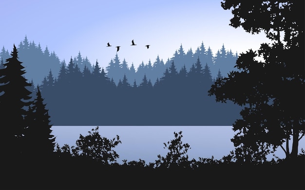 Vector forest and river landscape coniferous forest silhouette at sunrise