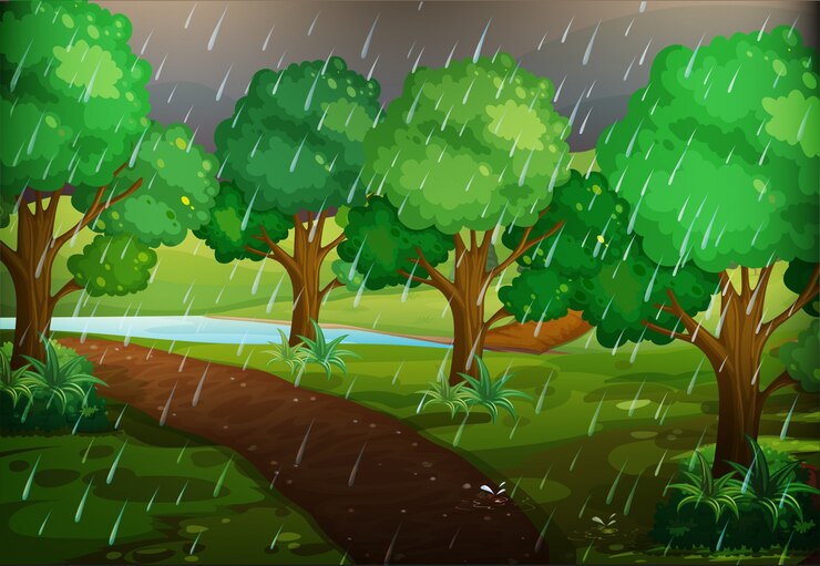 Vector forest scene on rainy day